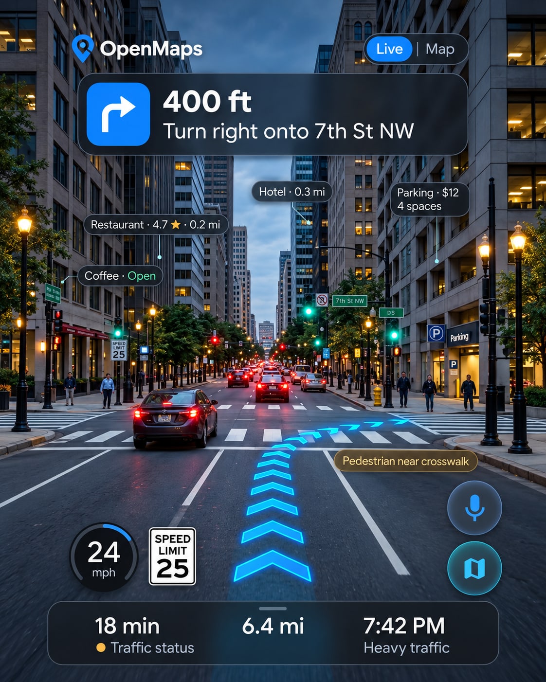 OpenMaps on a phone in a city: turn guidance, nearby places and parking