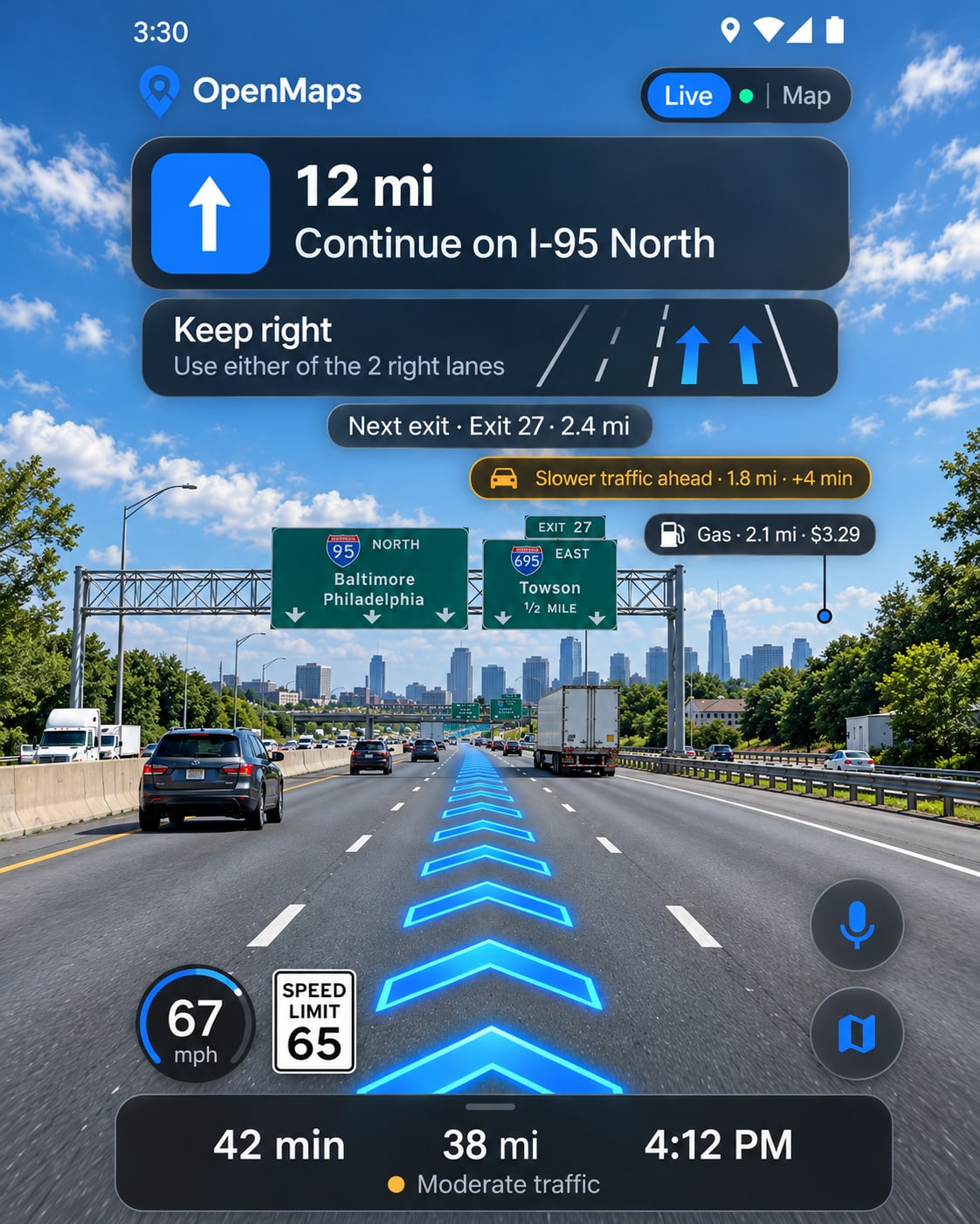 OpenMaps on a phone: live AR navigation on a highway with lane guidance, next exit, traffic and speed