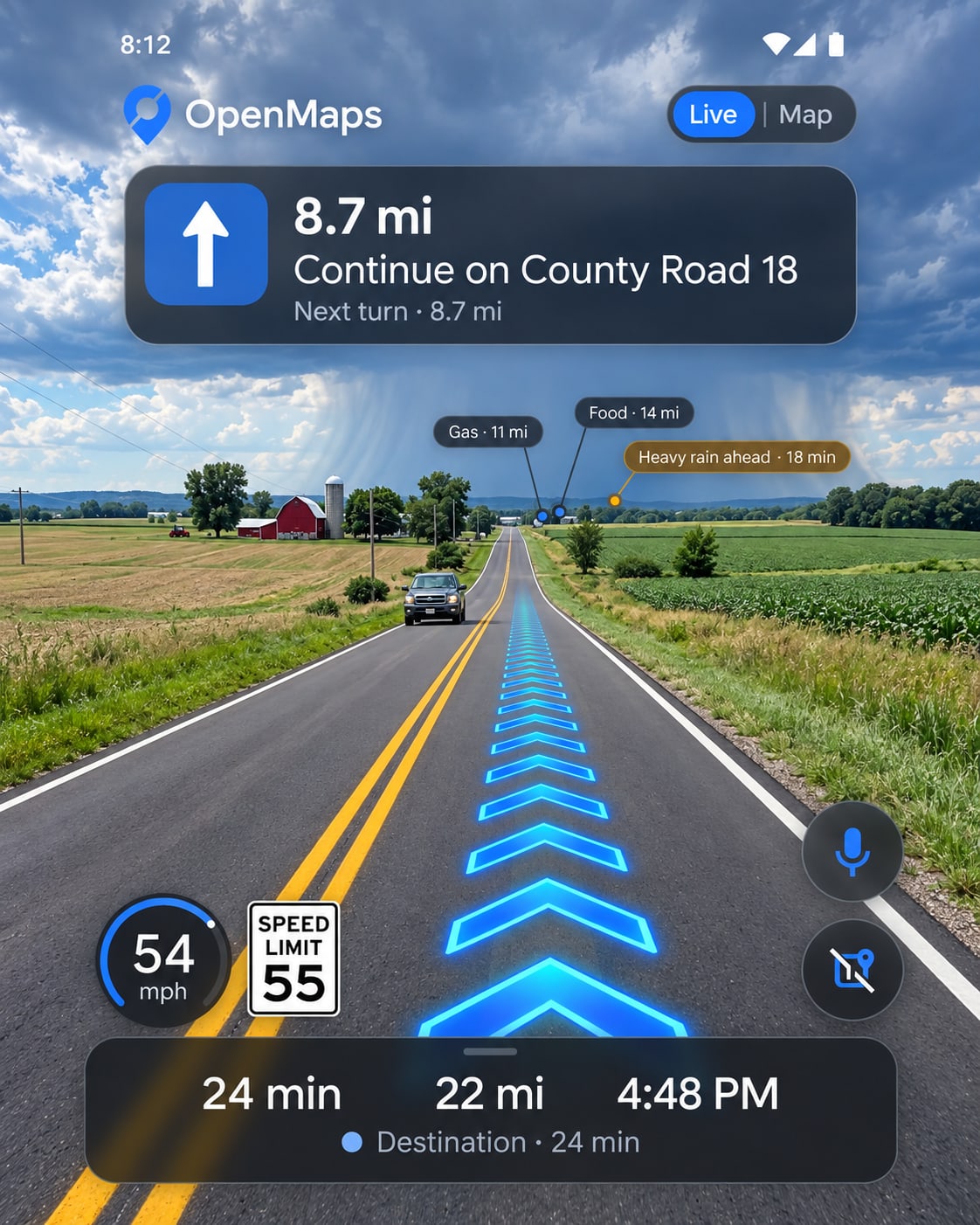 OpenMaps on a phone on a county road: fuel, food and incoming rain