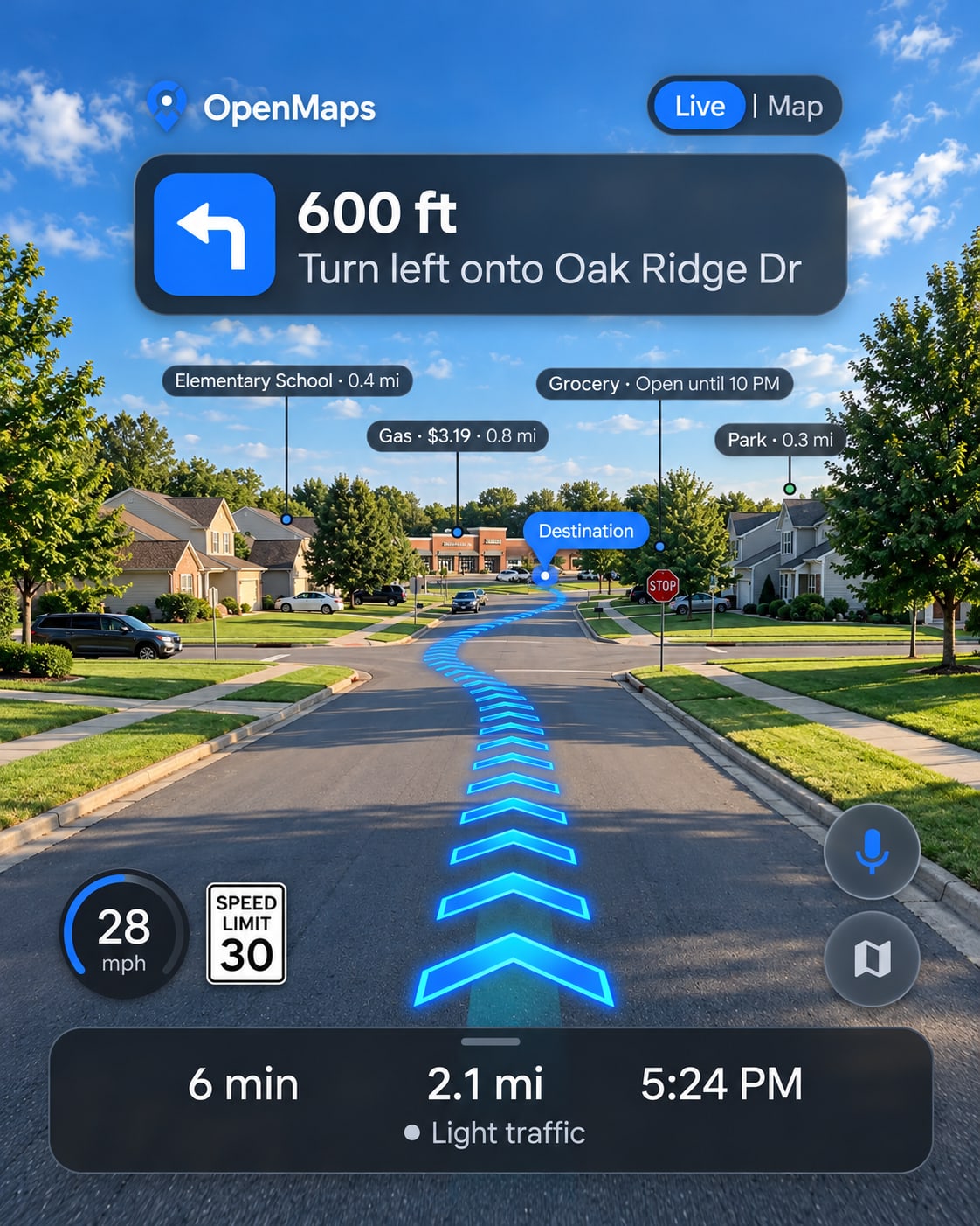 OpenMaps on a phone in a neighborhood: school, grocery and park labels